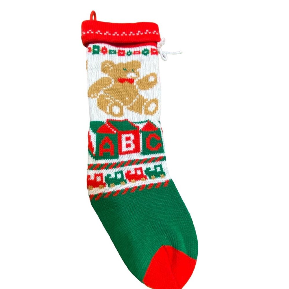 Vtg Knit Christmas Stocking Teddy‎ Bear & ABC Blocks Design 17"x5" Holiday